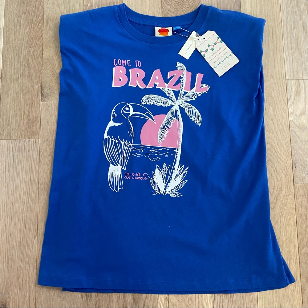 Farm Rio For Anthropologie Come To Brazil Graphic T-Shirt Size XL Blue New